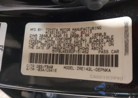 2013 Toyota Corolla Le из США, поврежденный, VIN 5YFBU4EE6DP151462